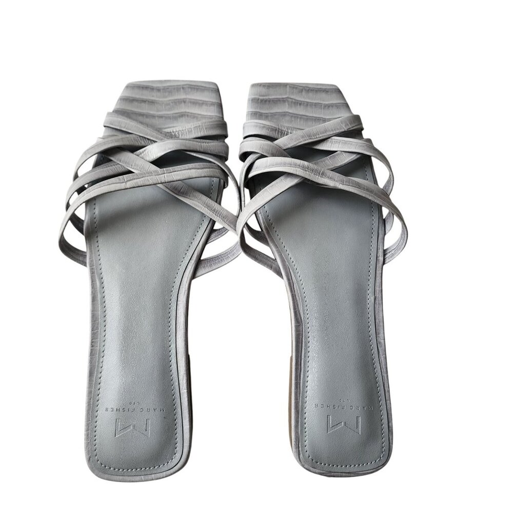 Marc Fisher Womens 8M Blue Gray Strappy Leather Sandals With Square Toe Design